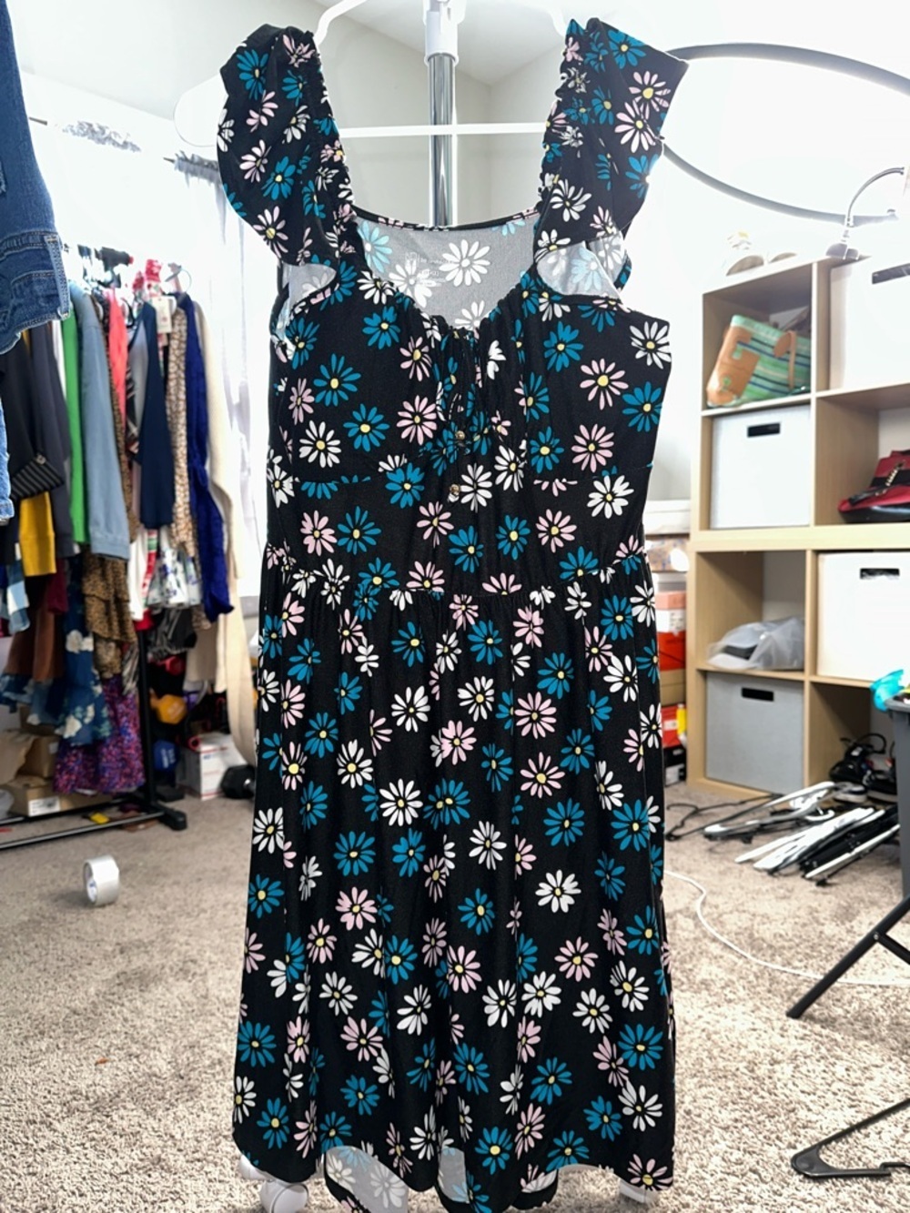 No Boundaries Black Floral Midi Dress with Teal & Pink Daisies